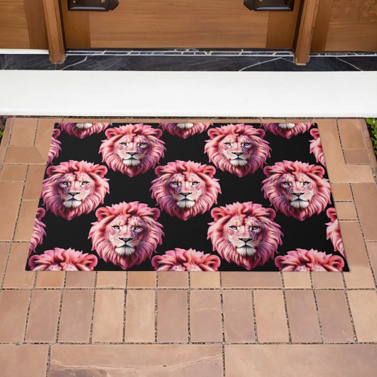 Pink Lion Head Animal Pattern Design - Black Deurmat