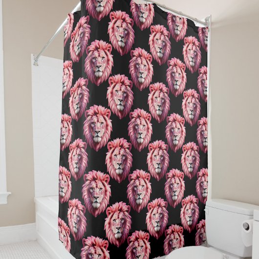 Pink Lion Head Animal Pattern Design - Black  Douchegordijn