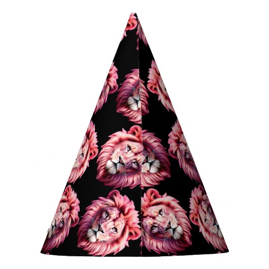 Pink Lion Head Animal Pattern Design - Black  Feesthoedjes (Achterkant)