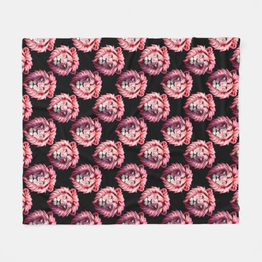 Pink Lion Head Animal Pattern Design - Black  Fleece Deken (Voorkant (Horizontaal))