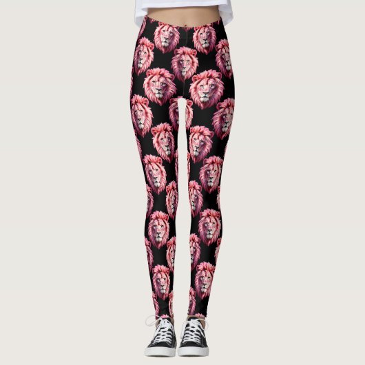 Pink Lion Head Animal Pattern Design - Black  Leggings (Voorkant)