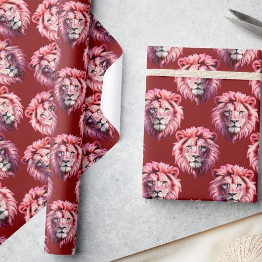 Pink Lion Head Animal Pattern Design Red Cadeaupapier