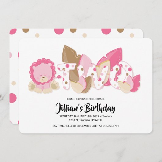Pink Lion Second Birthday Party Invitation Kaart (Voorkant / Achterkant)