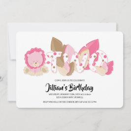 Pink Lion Second Birthday Party Invitation Kaart