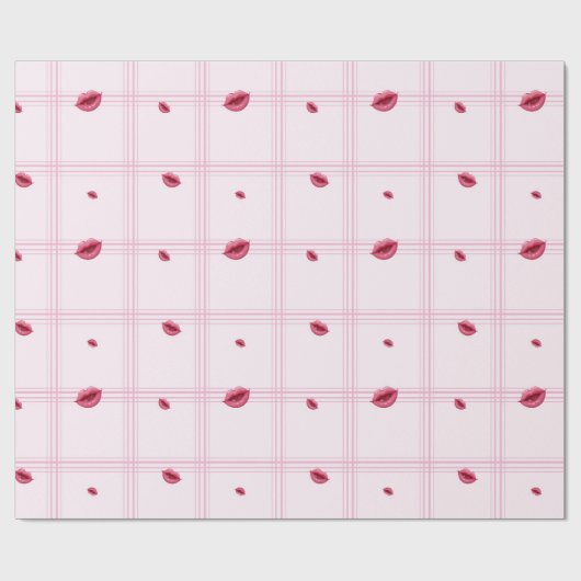 Pink Lip Prints on Plaid. Valentine's Day Cadeaupapier (Vlak)