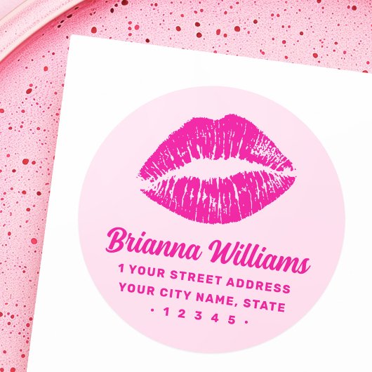 Pink lipstick mark retro return address ronde sticker