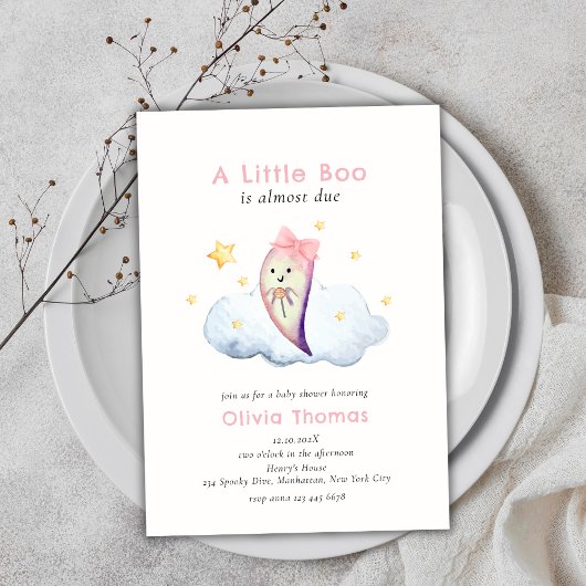 Pink Little Boo Bow Ghost Halloween Baby shower Kaart