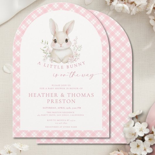 Pink Little Bunny Gingham Arch Baby Shower Kaart