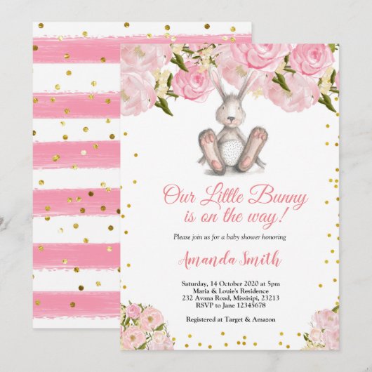 Pink Little Bunny Gold Baby shower Uitnodiging (Voorkant / Achterkant)