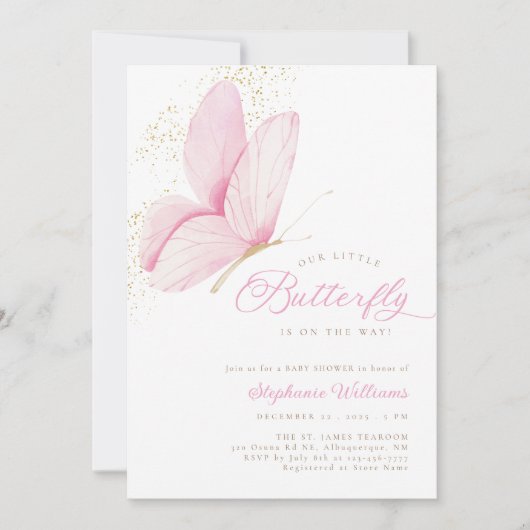 Pink Little Butterfly Baby shower Uitnodiging (Voorkant)