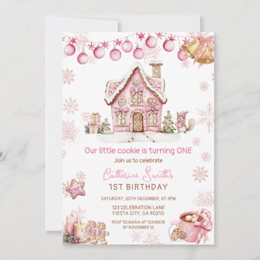 Pink Little Cookie Christmas 1st birthday Kaart (Voorkant)