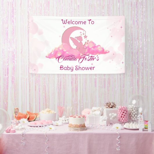 Pink Little Fairy in Clouds Baby shower Welkom Spandoek (Feest)