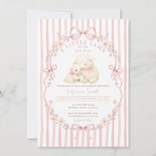 Pink Little Lamb Baby Shower Stripes Invitation Kaart (Voorkant)