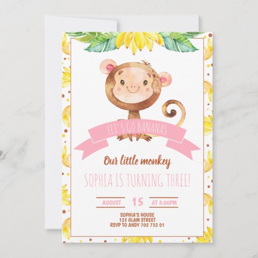 Pink Little Monkey Baby Girl Verjaardagsfeestje Kaart (Voorkant)