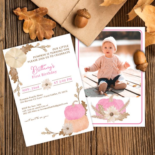 Pink Little Pumpkin 1st Birthday Uitnodigen Kaart