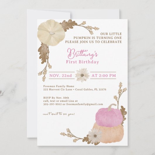 Pink Little Pumpkin 1st Birthday Uitnodigen Kaart (Voorkant)