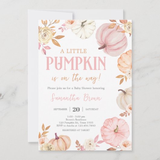 Pink Little Pumpkin Fall Baby Shower Kaart (Voorkant)