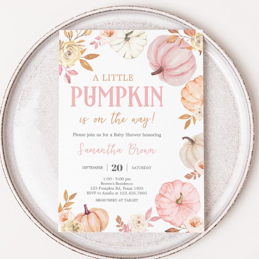 Pink Little Pumpkin Fall Baby Shower Kaart