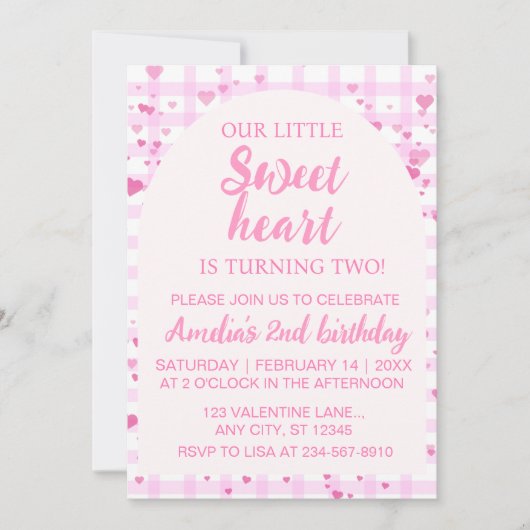 Pink Little Sweetheart Second Birthday Invitation. Kaart (Voorkant)