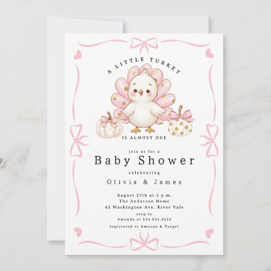 Pink Little Turkey Baby Shower Invite Kaart (Voorkant)