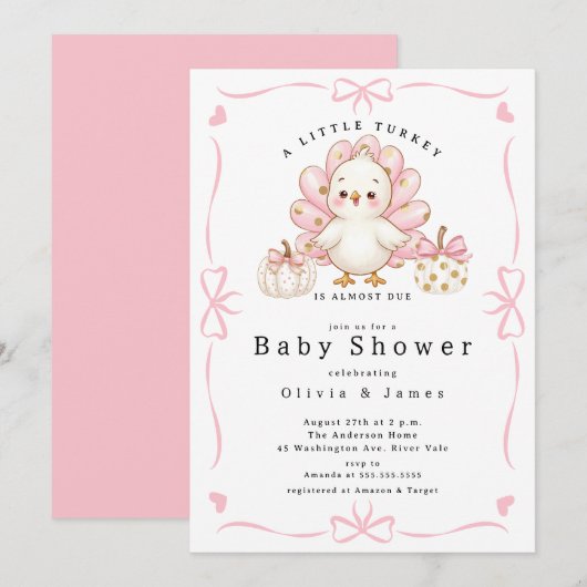 Pink Little Turkey Baby Shower Invite Kaart (Voorkant / Achterkant)