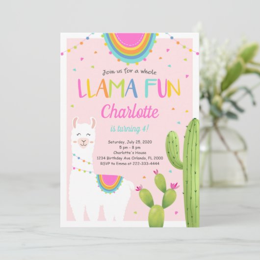 Pink Llama Cactus Uitnodiging voor verjaardag (Staand voorkant)