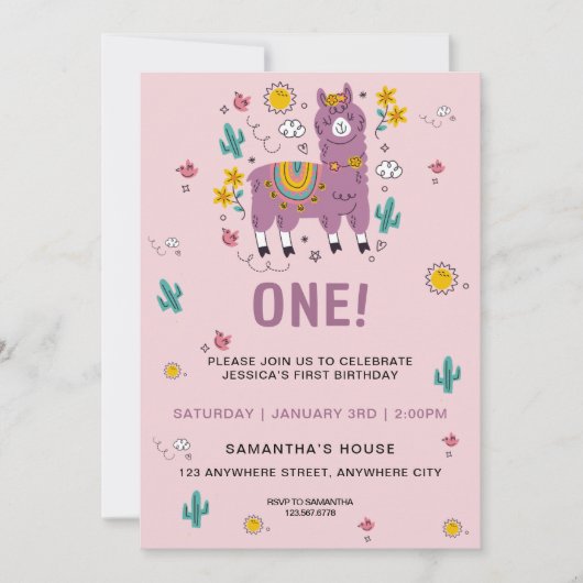 Pink llama Fun Girl First Birthday Party Kaart (Voorkant)