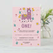 Pink llama Fun Girl First Birthday Party Kaart (Staand voorkant)