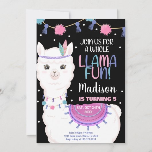 Pink Llama Fun Llama Verjaardag Uitnodigingen (Voorkant)