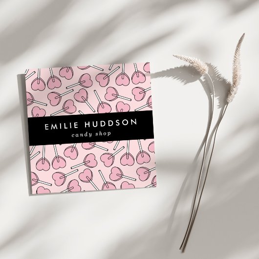 Pink Lollipops, Heart Lollipops, Lolly, Candy Shop Vierkante Visitekaartje