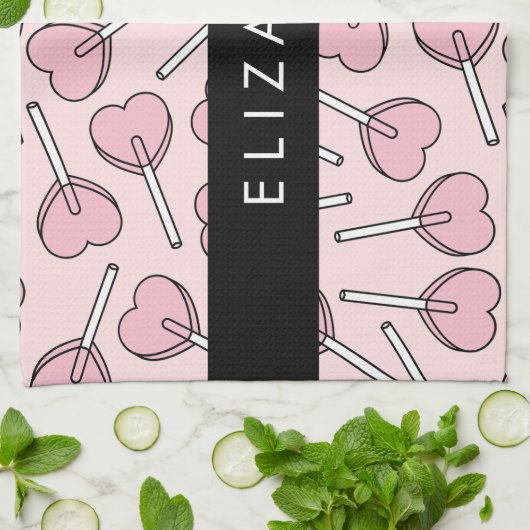 Pink Lollipops, Heart Lollipops, Lolly, Your Name Theedoek (Gevouwen)