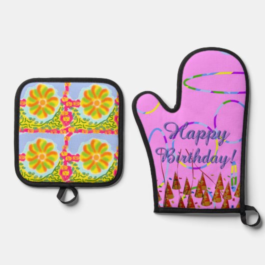 Pink Loops Feestelijke Gelukkige Verjaardag Ovenwant & Pannenlap Set (Voorkant)