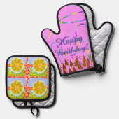 Pink Loops Feestelijke Gelukkige Verjaardag Ovenwant & Pannenlap Set (Voorkant / Achterkant)