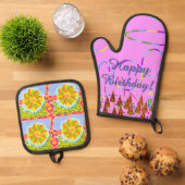 Pink Loops Feestelijke Gelukkige Verjaardag Ovenwant & Pannenlap Set (Top down)