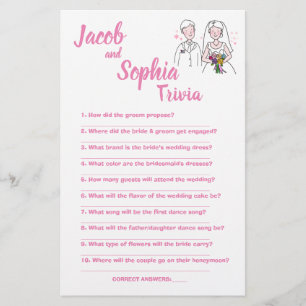 PINK LOVE, BRIDE & GROOM TRIVIA SHOWER GAME KAART