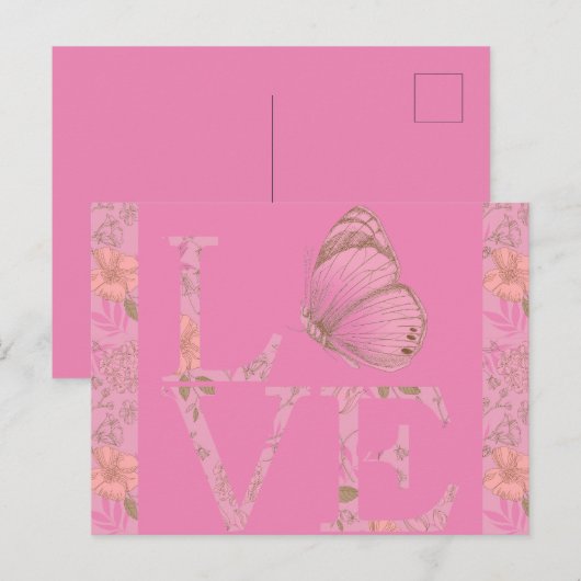 Pink Love Butterfly Floral Briefkaart (Voorkant / Achterkant)