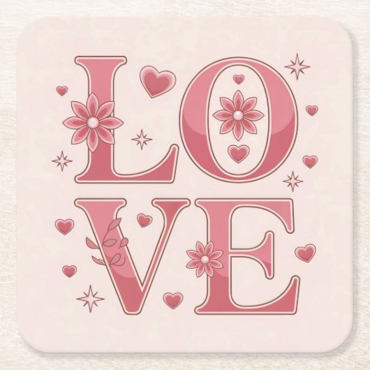 Pink LOVE Flowers Hearts Onderzetter Set (Voorkant)
