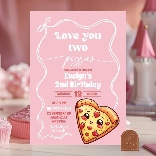 Pink Love You Two Pizzas Bow Tweede Verjaardagsfee Kaart