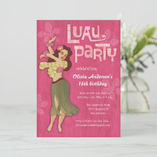 Pink Luau Birthday Party Invitations Kaart (Staand voorkant)