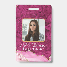 Pink Magenta Gold Agate Marble Business Company ID Badge