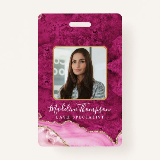 Pink Magenta Gold Agate Marble Business Company ID Badge (Voorkant)