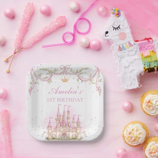 Pink Magic Princess Castle Verjaardagspapier Bord (Feest)
