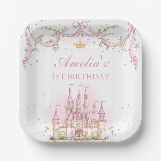 Pink Magic Princess Castle Verjaardagspapier Bord (Voorkant)