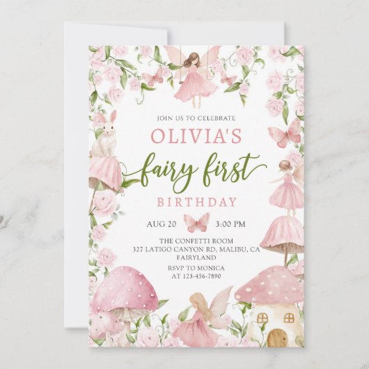 Pink  Magical Forest Fairy First Birthday Kaart (Voorkant)