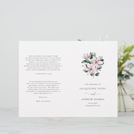 Pink Magnolia Floral Folded Wedding Programme (Staand voorkant)