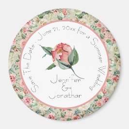 Pink Magnolia Floral Save the Date Wedding Magneet