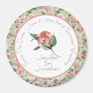 Pink Magnolia Floral Save the Date Wedding Magneet