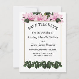 Pink Magnolia Greenery Floral Save the Date Kaart