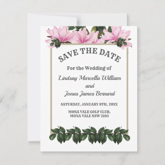 Pink Magnolia Greenery Floral Save the Date Kaart (Voorkant)