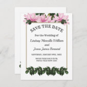Pink Magnolia Greenery Floral Save the Date Kaart (Voorkant / Achterkant)